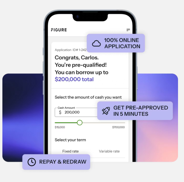 Example Figure online application on a phone, with callouts for an online application, five-minute preapproval, and repayment and redraw